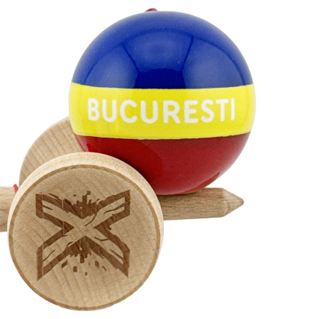 Kendama X Originala, Profesionala, Cyrax, Tricolor Edition BUCURESTI, Super Sticky cu Cupe Mari KING SIZE V3, Rulment Metalic si Gaura in Baza, din Lemn 18 cm, Ata 62/65 cm, Multicolor