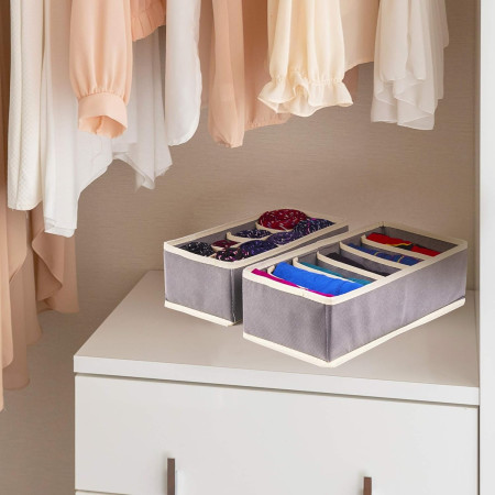 Cutie De Depozitare,  Pentru Lenjerie, Sosete Si Sutiene, Material Textil, 6 Compartimente, 32 x 16 x 10 cm, Culoare Gri