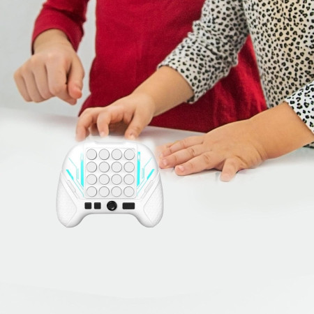 Jucarie Interactiva Pop It, Cyrax, Tip Consola, Anti-Stres, 5 Moduri de Joc, din ABS si Silicon, +3 Ani, Sunete si Lumini Model Controller, Alb