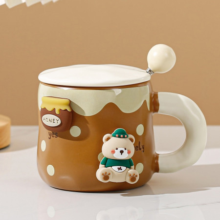 Cana din Ceramica, Cyrax, Model Urs pentru Baieti, Cana Universala, Cana pentru Ceai, Cana cu Lingura Metalica si Capac, 9.6 x  9.5 x 9.5 cm, 400 ml Maro inchis