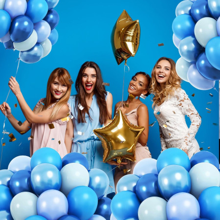 Set 10 Baloane din Latex Chrome, Cyrax, Model Party, 23 cm, Diferite Nuante Albastru, 2.2 g