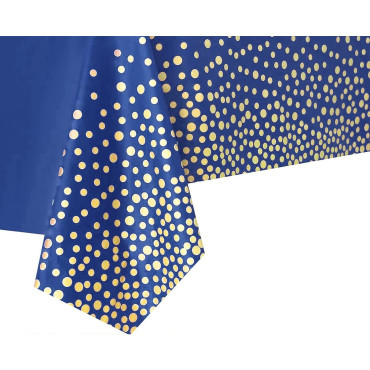 Fata de Masa, Cyrax, din PEVA, Imprimeu Buline Aurii, 137 x 274 cm, Impermeabila, Fara Pete, Curatare Rapida, Albastru Inchis