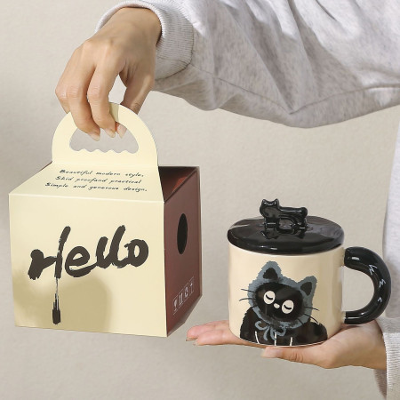 Cana din Ceramica, Cyrax, Model in Cutie pentru Cadou, Cana pentru Ceai, Cafea, Cana Retro Design Capac cu Figurina 3D, 9.5 x 8 x 8 cm, 360 ml, Bej, Print Pisica Albastru Negru