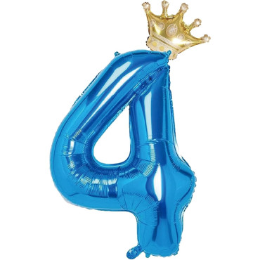 Balon din Folie Metalizata Cyrax, Figurina Cifra si Coroana, Tema Aniversare 100 cm, Ambalaj Individual, Pai inclus, Umflare cu Aer sau Heliu, Albastru, Cifra 4