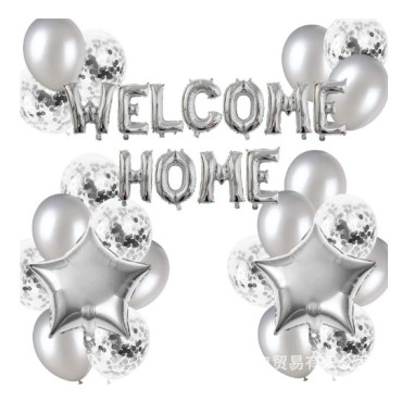 Set baloane folie si latex, Cyrax, WELCOME HOME, 22 de piese, 20 baloane latex, 2 baloane stea Folie, 1 set Welcome Home, Argintiu