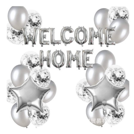 Set baloane folie si latex, Cyrax, WELCOME HOME, 22 de piese, 20 baloane latex, 2 baloane stea Folie, 1 set Welcome Home, Argintiu