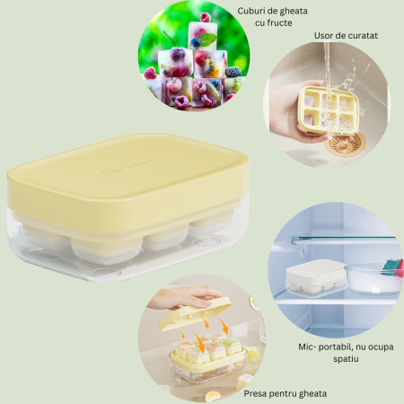 Forma pentru gheata cu presa Cyrax, din silicon alimentar, 6 cuburi, caserola pentru depozitare, usor de folosit si curatat, 10.5 x 7.5 x 4.1 cm, galben