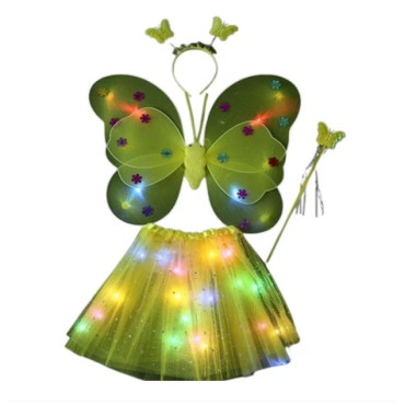 Costum Fluturas cu Aripi Modelabile Luminoase pentru Copii, Cyrax, Fusta din Tul cu Lumini, Bagheta si Bentita, 4 piese, Pentru Halloween, Roleplay, Craciun, Carnaval, Paste, Ziua Copilului, Bumbac/Poliester, Marime universala, Galben