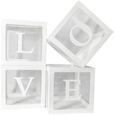 Set 4 Cutii pentru Baloane, Cyrax, Model Scris Love, Tematica Iubire, Cuburi Decorative din Plastic, Accesorii pentru Petrecere, 30 x30 cm, Transparente Contur Alb
