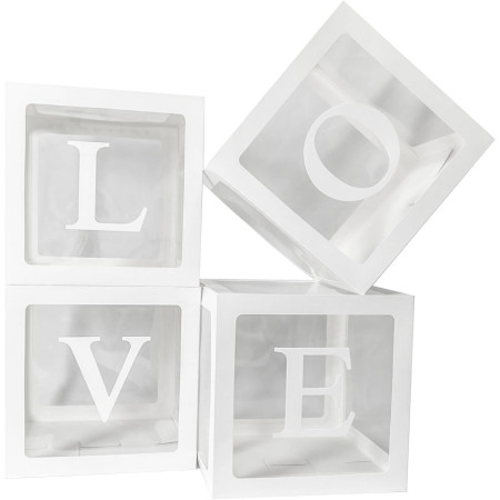 Set 4 Cutii pentru Baloane, Cyrax, Model Scris Love, Tematica Iubire, Cuburi Decorative din Plastic, Accesorii pentru Petrecere, 30 x30 cm, Transparente Contur Alb