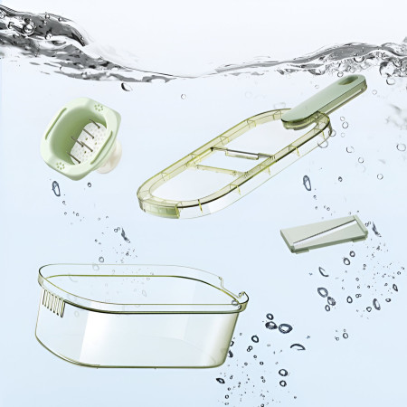 Feliator Multifunctional, Cyrax, 3 in 1, pentru Fructe si Legume, 6 Piese, Maner, Lame de Inox, Recipient Stocare, Protectie Mana, ABS, 35x12x9.4 cm, Verde