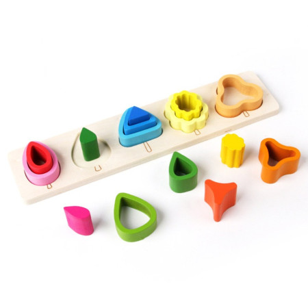 Jucarie Montessori din Lemn, Cyrax, Tip Puzzle, cu 5 Forme Asimetrice, 15 Piese, Educativa, Interactiva, Creativa, Model Copaci, Materiale Non Toxice, +2 Ani, 29x6.5 cm, Multicolor