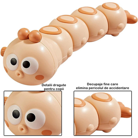 Jucarie mecanica pentru copii Cyrax, omida haioasa, cu cheita, distractiva, se taraste, se misca, 15 x 4 cm, portocaliu