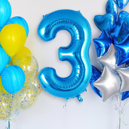Balon din Folie Metalizata, Cyrax, Figurina Cifra, Tema Aniversare 80 cm, Ambalaj Individual, Pai inclus, Umflare cu Aer sau Heliu, Albastru, Cifra 3