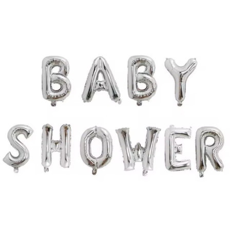 Set Baloane din Folie Metalizata, Cyrax, Model Baby Shower, Litere de 40 cm, Baloane Party, Ambalaj Individual, Pai, Ata si Adeziv Incluse, Umflare cu Aer sau Heliu, Argintiu