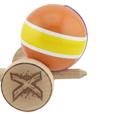 Kendama X Originala, Profesionala, Cyrax, Big Cups V2, Super Sticky Legendary Cupe Mari, Rulment Metalic cu Ata 55 cm, Portocaliu/Galben/Alb