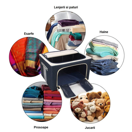 Cutie de Depozitare Pliabila,  Cu Fermoar, 100 L, Textil, 60x42x40 cm, Albastru Marin, Cadru Metalic, Suport Baza Stabil din Plastic, Imprimeu buline