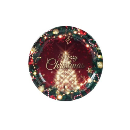 Set 16 Farfurii de Unica Folosinta, Cyrax, Model Brad de Craciun Merry Christmas, Tematica Craciun, 23 cm, Rosu/Verde