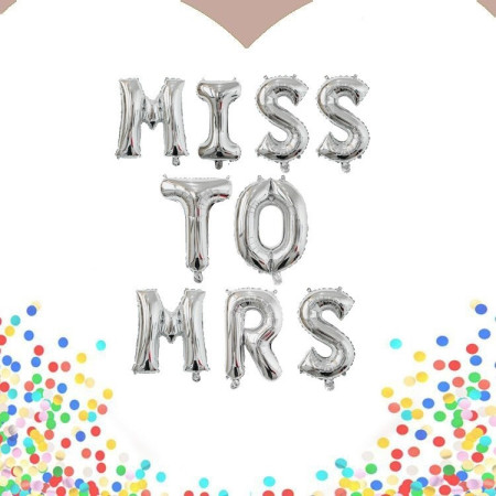 Set Baloane din Folie Metalizata, Cyrax, Model Scris Miss to Mrs, Litere de 40 cm, Tema Iubire, Baloane Party, Ambalaj Individual, Pai Inclus, Umflare cu Aer sau Heliu, Argintiu