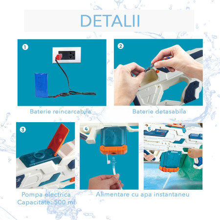 Pistol cu Apa pentru Copii 14+ ani, Cyrax, Rezervor 600ml, cu baterie 1200mAh, Electric Burst, Alb/Albastru