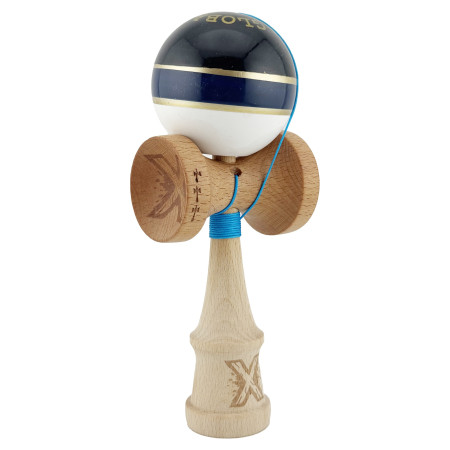 Kendama X ROYAL SPIKE Originala, Profesionala, Cyrax, Big Cups V2, Super Sticky cu Cupe Mari, Rulment Metalic, din lemn 18 cm, Ata 55 cm, Negru/Dark Blue Gold/Alb