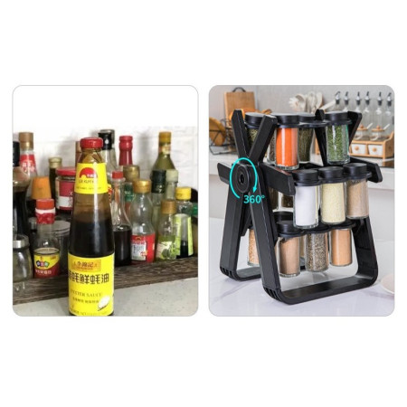 Suport Pentru Condimente Rotativ, Cyrax, Multifunctional, Pivotant 360°, Portabil, Usor de Montat, 34x23 cm, ABS/Sticla, Negru