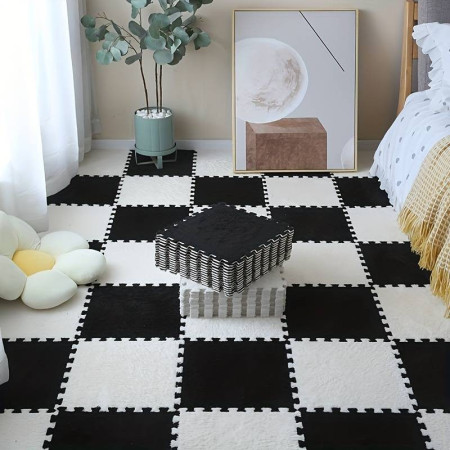 Set 10 Piese Covor tip Puzzle, Cyrax, Spuma EVA, Pufos, 30 x 30 x 1 cm, Negru