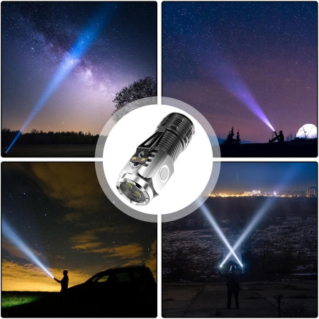 Lanterna cu 3 Nuclee Led,  Incarcare USB, Autonomie 4-20h, Raza Maxima 100-200 m, 5W, 4 x 4 x 9 cm, Suport de Agatat, Fund Magnetic, Argintiu