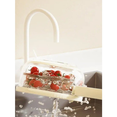 Strecuratoare 2 in 1 pentru Fructe si Legume, Cyrax, Cos de Scurgere si Cutie de Depozitare, 15.5 x 8.3 cm, din PP, cu Maner si Capac, Alb