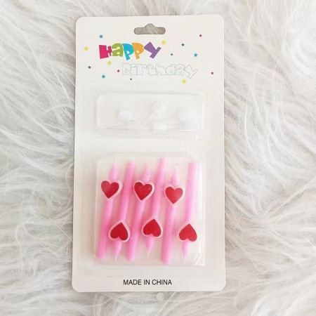 Set 6 Lumanari de Tort, Cyrax, Model Creion cu Inimioare, 5.9 x 1.1 cm, din Ceara, Roz