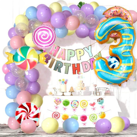 Balon din Folie Metalizata Cyrax, Figurina Cifra, Imprimeu Gogosi, Tema Aniversare 100 cm, Ambalaj Individual, Pai inclus, Umflare cu Aer sau Heliu, Multicolor, Cifra 3