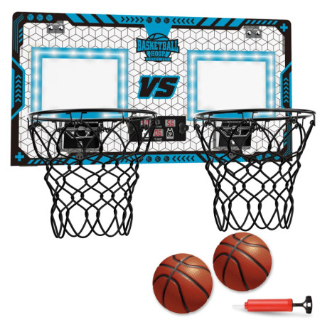 Set 2 Cosuri de Baschet pentru Copii, Cyrax, cu Tablou de Bord Electronic, Pentru 2 Jucatori, Minge, Pompa, 2 Moduri, Interior/Exterior, Inel Metalic si Rabatabil cu Arc, Luminos, 60x31x6 cm, Multicolor