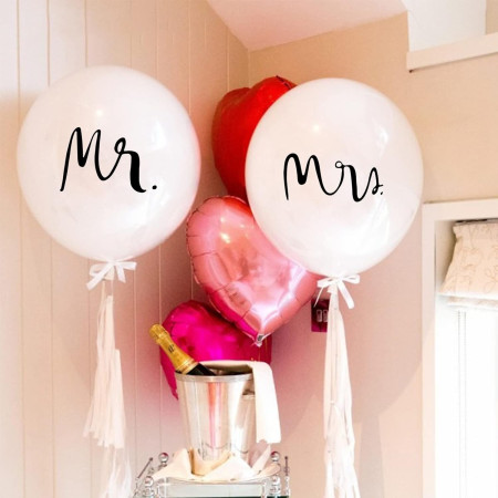 Set 2 Baloane din Latex, Cyrax, Tip Jumbo, Model Mr si Mrs, Tema Nunta, 45 cm, Alb