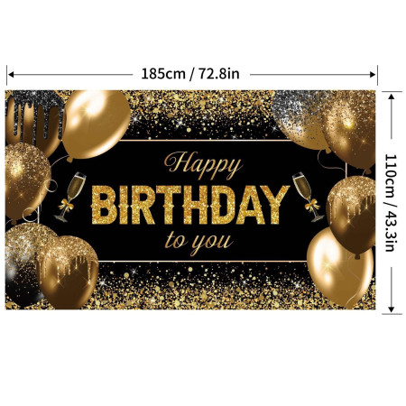 Banner Tip Fundal pentru Poze, Cyrax, din Panza, 185 x 110 cm, Sfoara 6 m, Prindere in 4 Colturi, Happy Birthday to You, Negru/Auriu
