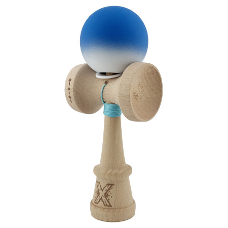 Kendama X Originala, Profesionala, Cyrax, Rubber Grip, Cupe Mari KING SIZE V3, Gaura in Baza, Rulment Metalic, din lemn 18 cm, Ata 62/65 cm, Gradient Albastru/Alb