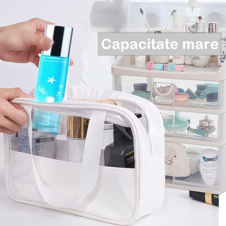 Geanta cosmetice Cyrax, pentru voiaj sau organizare, material PVC/textil, impermeabila, portabila, 26 x 15 x 10 cm, alb