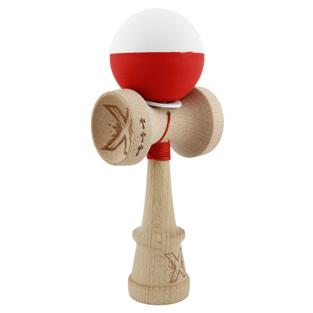 Kendama X Originala, Profesionala, Cyrax, Rubber Grip, Cupe Mari KING SIZE V3, Gaura in Baza, Rulment Metalic, din lemn 18 cm, Ata 62/65 cm, Bicolor Alb/Rosu