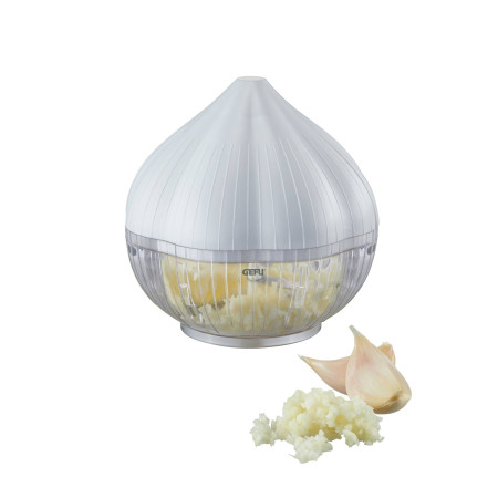 Cyrax Tocator manual pentru usturoi, in forma de usturoi, cutite rezistente, utilizare prin apasare, material ABS si inox, 9.5x9.5x9.3 cm, alb