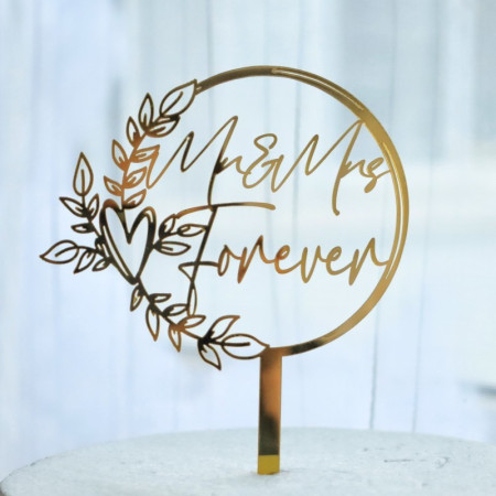 Decoratiune Topper pentru Tort, Cyrax, Model Mr&Mrs Forever, Tematica Nunta, 10 cm, Auriu