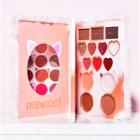 Set de Machiaj Kevin&Coco, 38 culori, Fard Ochi, Iluminatoare si Contouring, Husa Pufoasa, Model Pisicuta, 17.3x12.5x5 cm, Multicolor