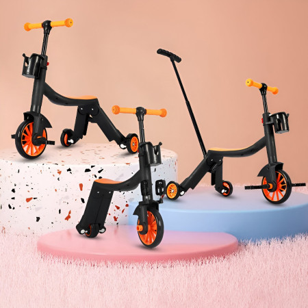 Bicicleta 8 in 1, Cyrax, Transformabila, Multifunctionala, Reglare Inaltime, cu Maner de Impingere Detasabil, Tricicleta, Trotineta, 3 Roti, Pedale, Cosulet, 3-6 Ani, Portocaliu