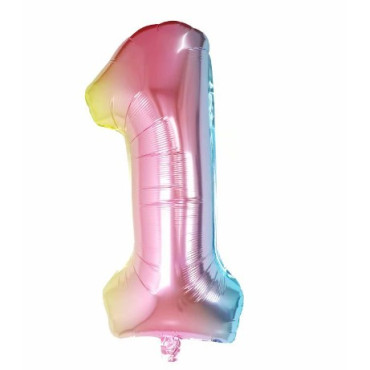Balon din Folie Metalizata Cyrax, Figurina Cifra Gradient, Tema Aniversare 40 cm, Ambalaj Individual, Pai inclus, Umflare cu Aer sau Heliu, Multicolor, Cifra 1
