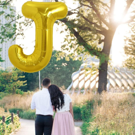 Balon Folie Metalizata Litera J, Cyrax, 80 cm, Umflati cu Heliu sau Aer, Ambalaj Individual, Pai inclus, Auriu