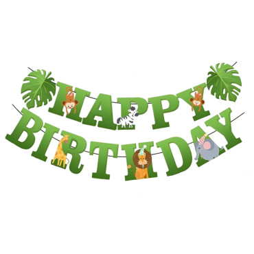 Banner Happy Birthday 100x200 cm, Cyrax, Rola de Ata Inclusa, Tematica Jungle, Verde
