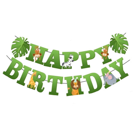Banner Happy Birthday 100x200 cm, Cyrax, Rola de Ata Inclusa, Tematica Jungle, Verde