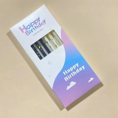 Set 6 Lumanari Lungi, Cyrax, din Parafina, 10 x 0.5 cm, Happy Birthday, Alb/Negru