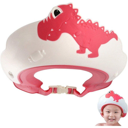 Cyrax Viziera de Protectie Baie Pentru Copii, Fippy, Model Dinozaur, Dimensiune ajustabila, Durabil, Usor de curatat, Impotriva Samponului, pentru Ochi si Urechi, TPE+PP, 22x21 cm, Rosu