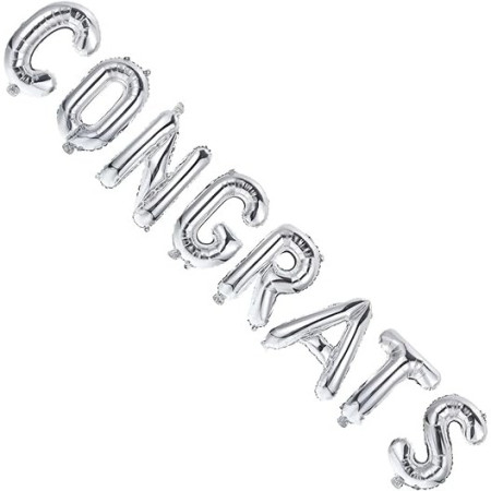 Set Baloane din Folie Metalizată, Cyrax, Model Congrats, Litere de 40 cm, Baloane Absolvire, Ambalaj Individual, Pai inclus, Umflare cu Aer sau Heliu, Argintiu