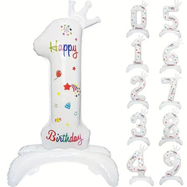 Balon din Folie Metalizata, Cyrax, Figurina Cifra, Model 1 cu Happy Birthday Scris, Tema Aniversare 81 cm, Ambalaj Individual, Pai Inclus, Umflare cu Aer sau Heliu, Alb