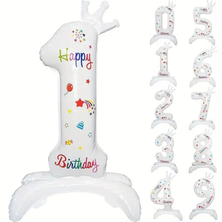 Balon din Folie Metalizata, Cyrax, Figurina Cifra, Model 1 cu Happy Birthday Scris, Tema Aniversare 81 cm, Ambalaj Individual, Pai Inclus, Umflare cu Aer sau Heliu, Alb